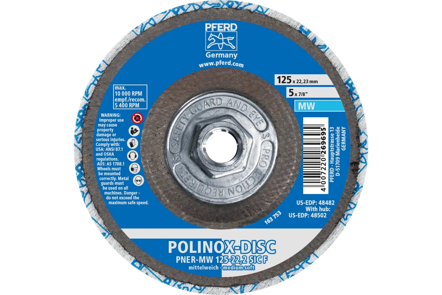 Picture of Pferd Polinox® Unitized Disc, 5" x 1/2 x 5/8-11, T27, Fine, Soft, 3SF, Silicon carbide